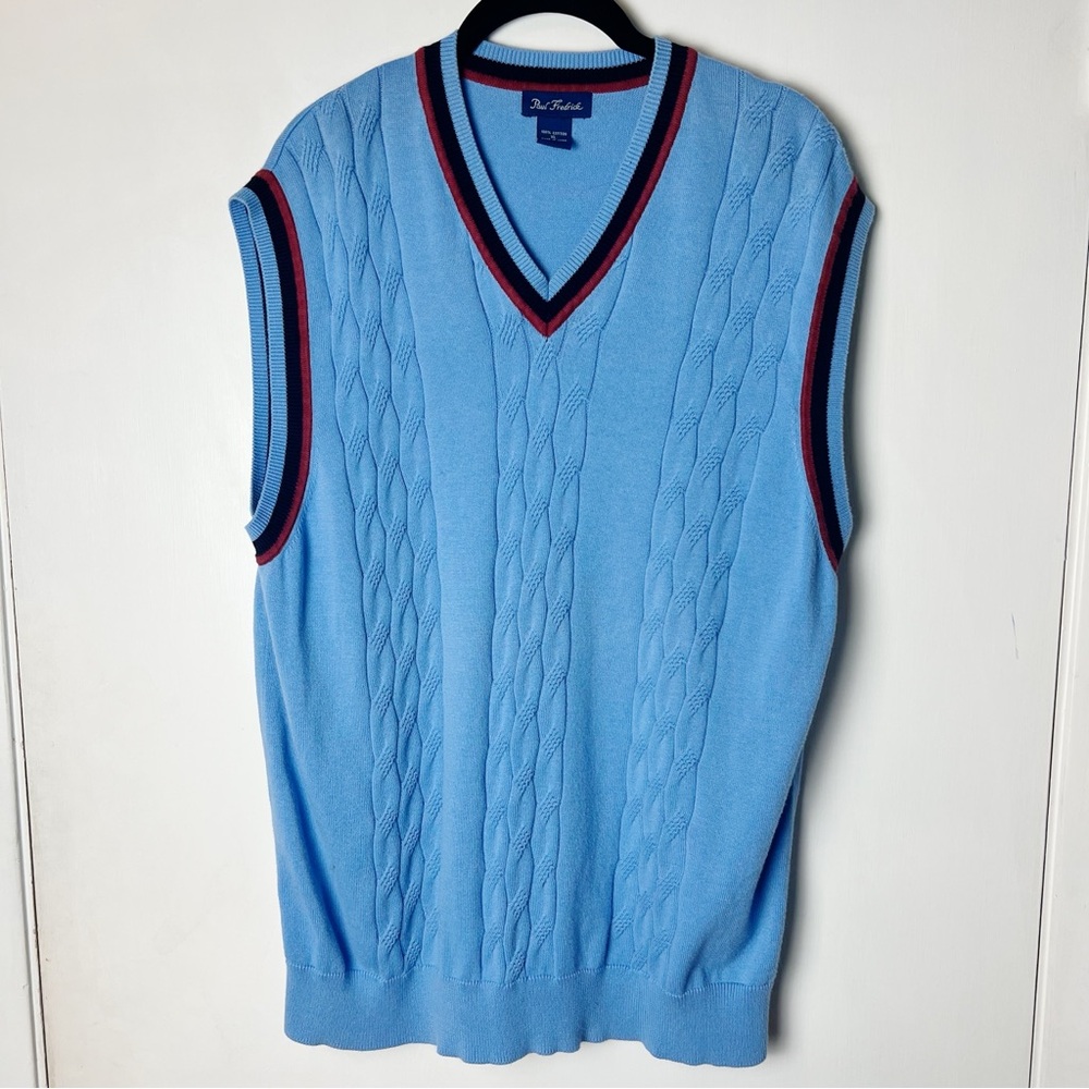 Paul Fredrick‎ - Men's Cable Knit Tennis Sweater 100% Cotton Blue - Sz. XL